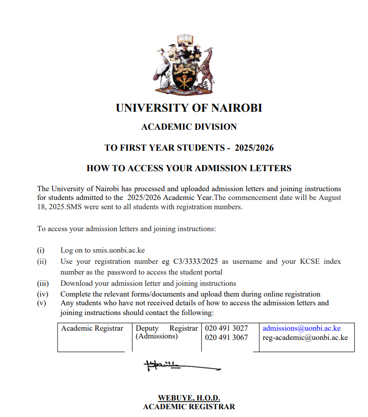 University Of Nairobi Admission letters 2026 (Download & Joining Instructions)
