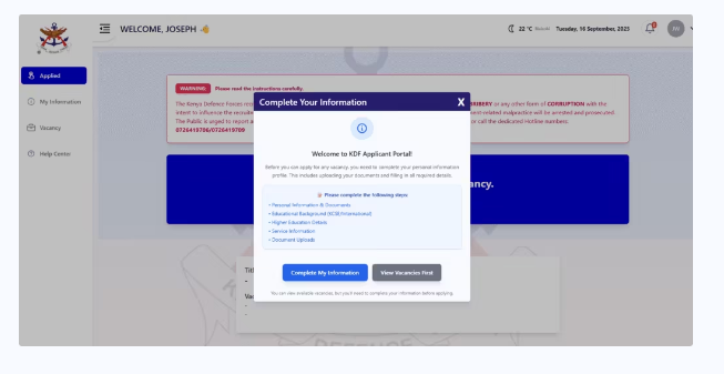 KDF Recruitment Portal Dashboard