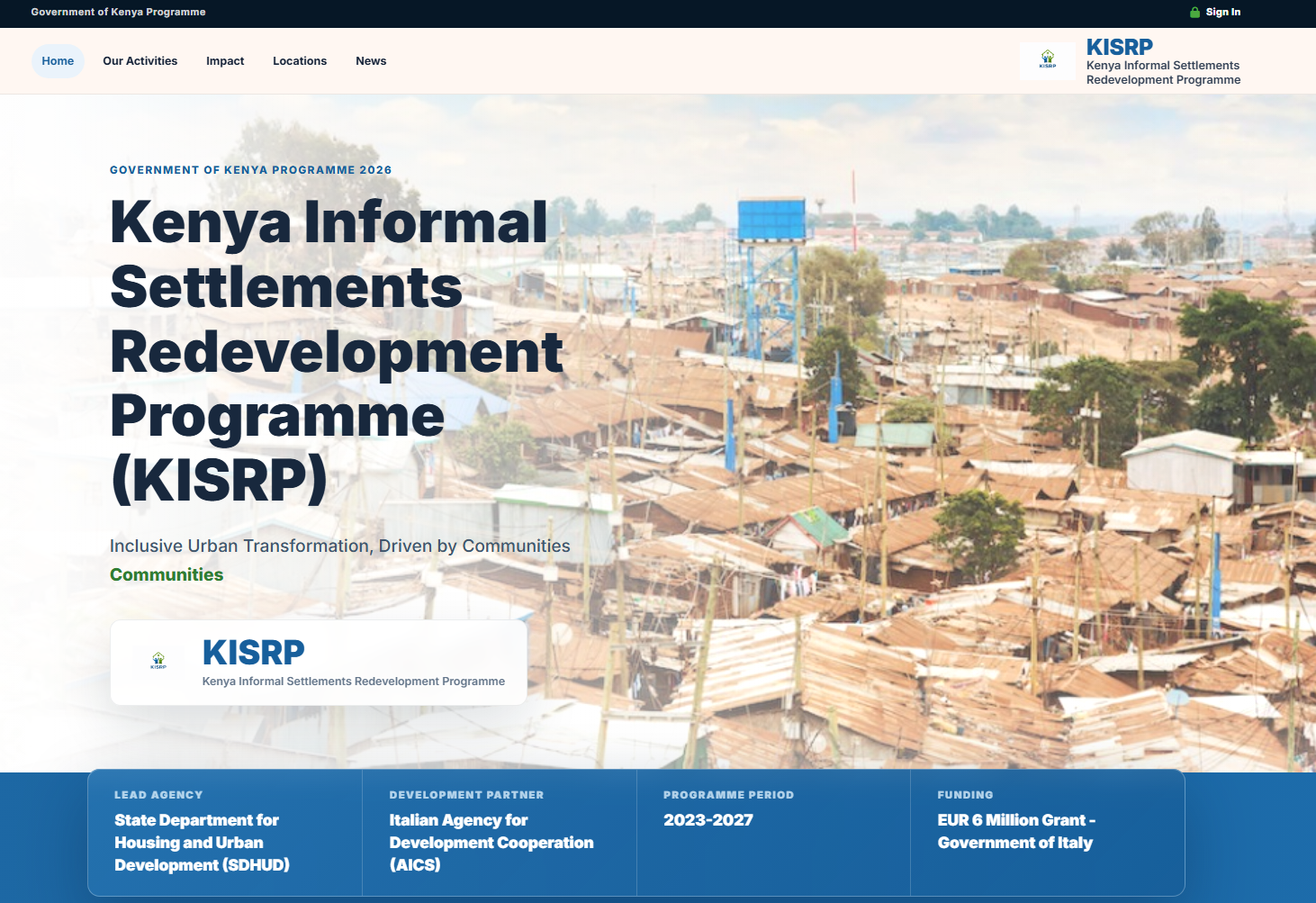 Kenya Informal Settlements Redevelopment Programme website interface