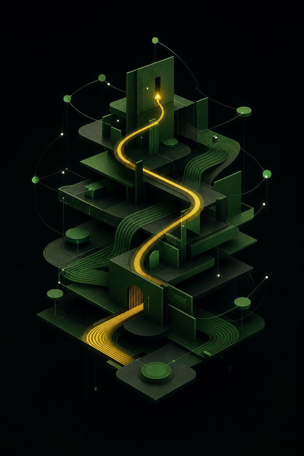 Abstract architectural artwork representing connected intelligent software