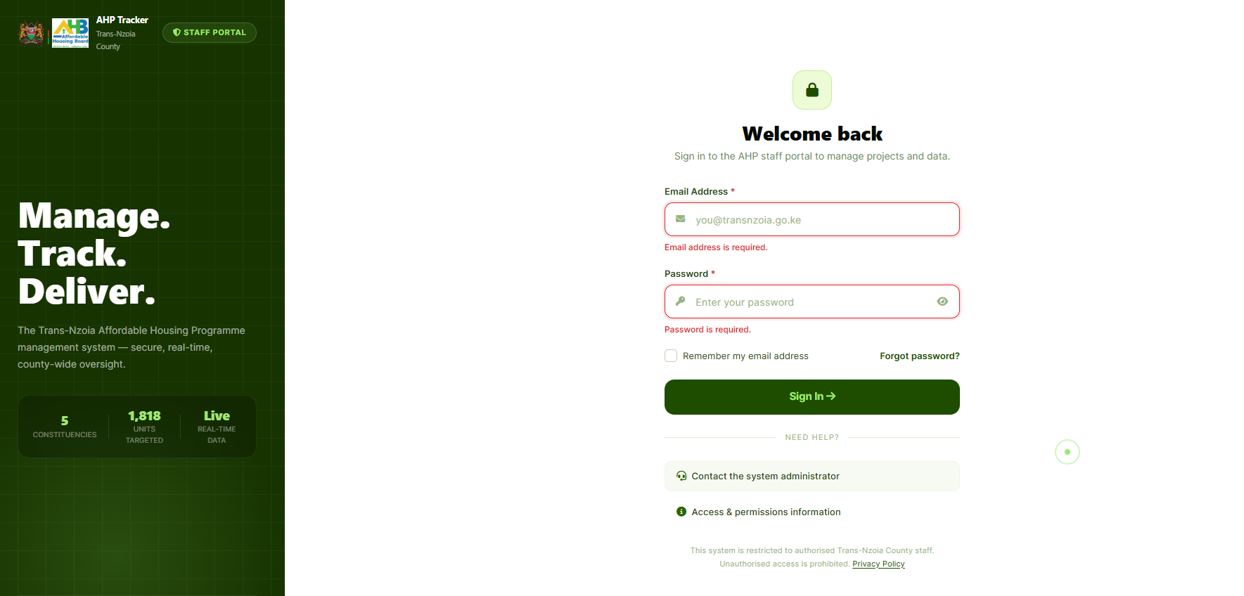 Affordable Housing Tracker staff sign-in screen
