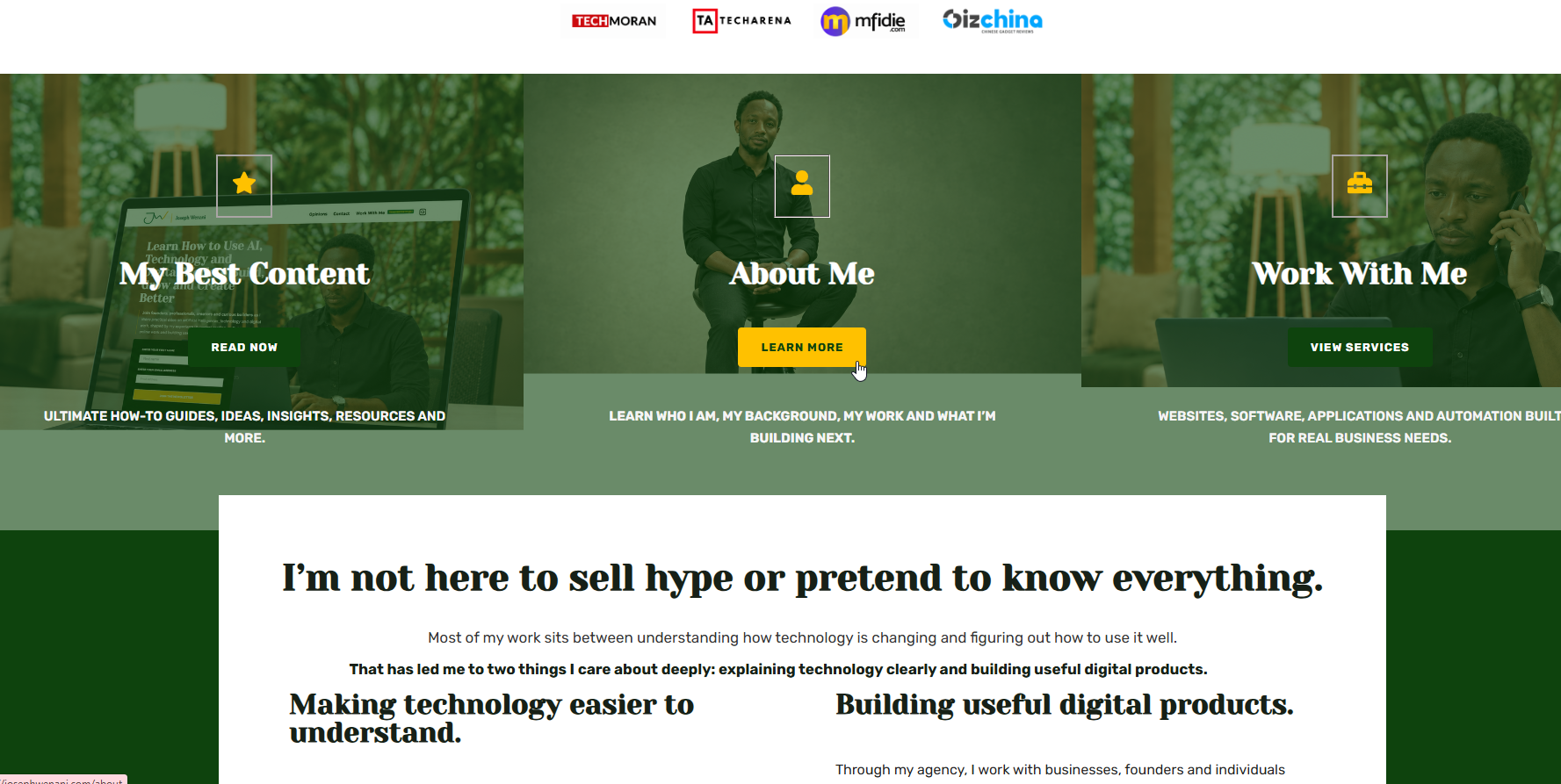 JosephWenani.com content, background and services sections