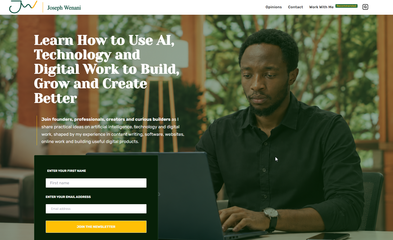 JosephWenani.com homepage and newsletter sign-up