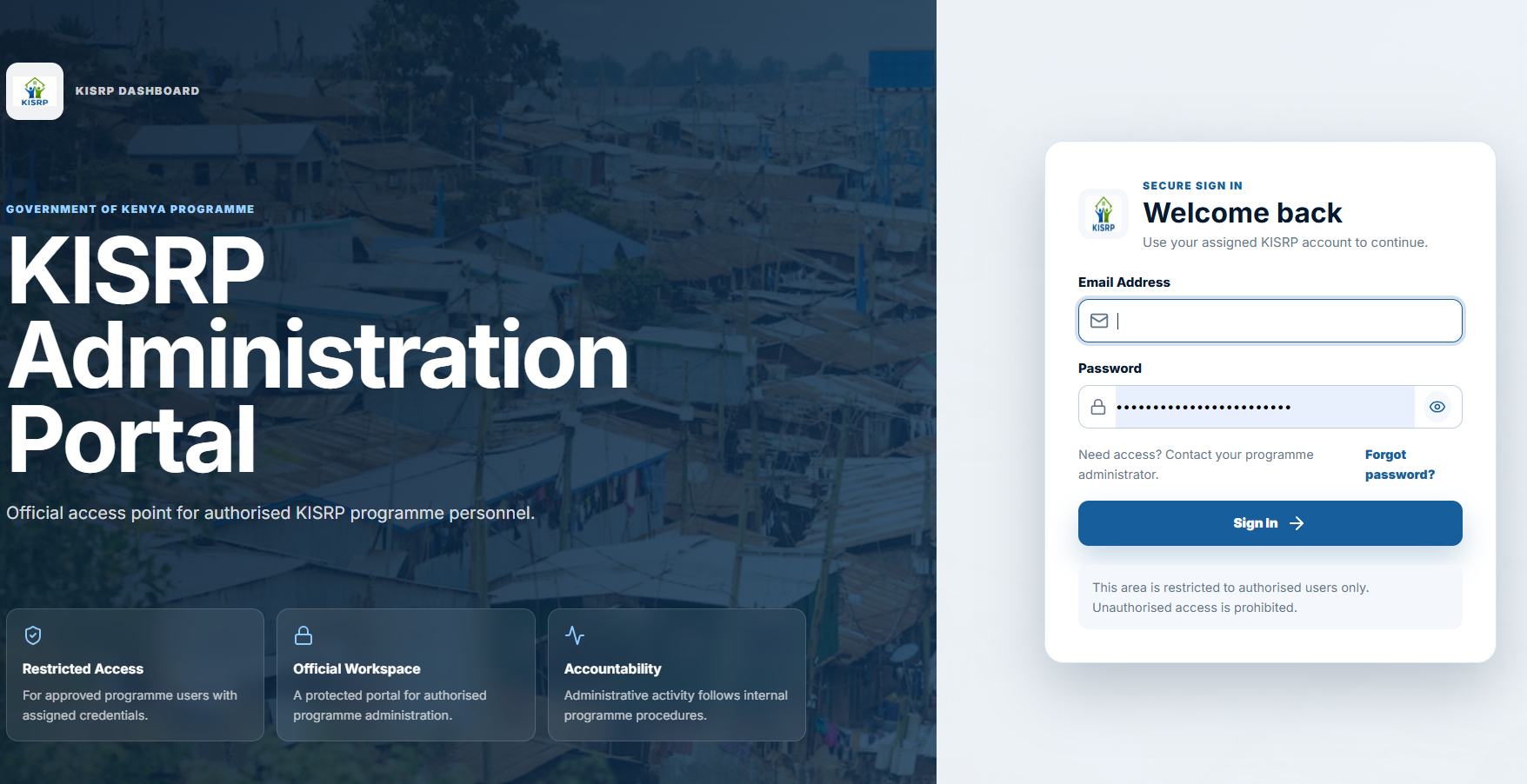 KISRP administration portal sign-in screen